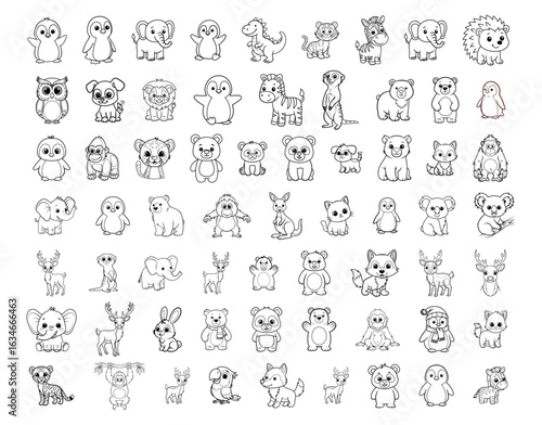 Illustration featuring a variety of cartoon animals including bears elephants and penguins in black and white style