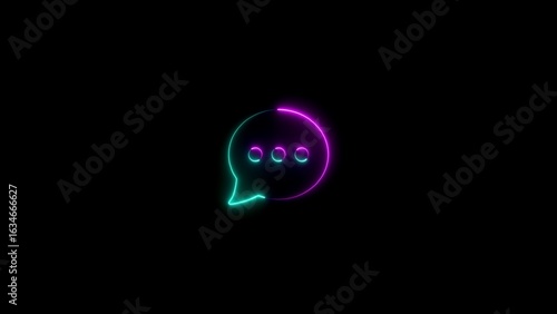 Vibrant neon chat bubble icon with typing dots glowing against black background