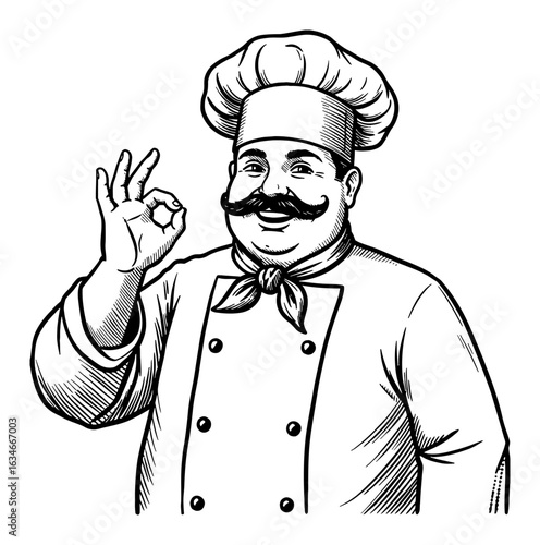 Fat Italian Chef with Moustache Smiling and Making Okay Gesture Black and White Outline Line Art Drawing