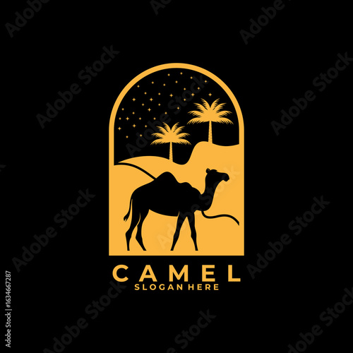 Camel vintage logo design. Camel creative logo design icon. Elegant camel with desert view logo