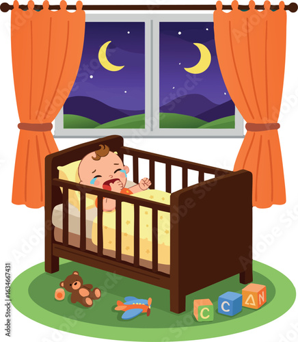 Baby sleeping in crib at night with orange curtains and toys vector illustration 