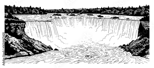 Iconic Beautifull Niagara Waterfall Landscape Simple Coloring Book Style Black and White Outline Line Art Drawing
