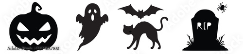 Halloween Icons Collection: A captivating silhouette collection of Halloween symbols: Jack-o'-lantern, ghostly apparition, a pair of bats, a black cat, and a tombstone. 