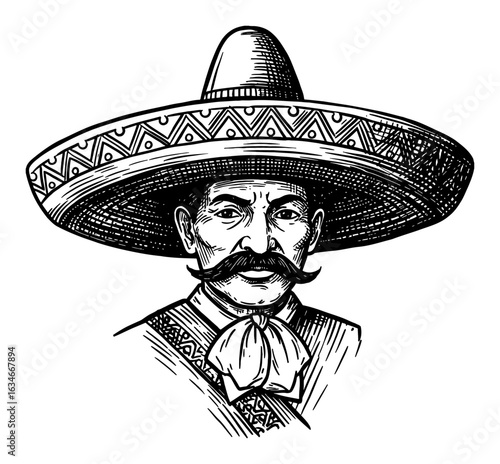 Traditional Mexican Man in Sombrero with Mustache Black and White Outline Line Art Drawing Portrait