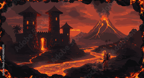 A dramatic alpha realm featuring a dark inferno castle by a river of lava under a volcanic eruption sky.