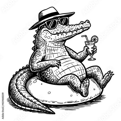 Funny Alligator with Sunglasses and Hat Relaxing on Inflatable Ring Holding Drink Black and White Outline Line Art Drawing