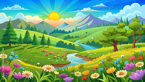 very Beautiful natural spring summer landscape of a flowering meadow in a hilly area on a bright sunny day. Many flowers in a field in green grass. Small zone of .