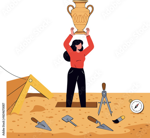 Archaeologist woman holding ancient vase above excavation site with tools and compass vector illustration 