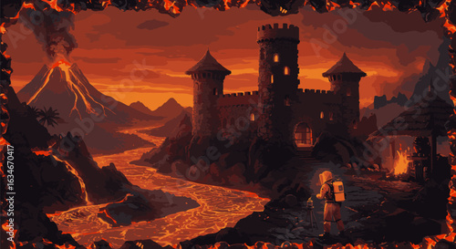 Epic fantasy illustration of a dark fortress in a volcanic landscape with an erupting volcano and rivers of lava.