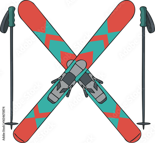 Crossed red and turquoise skis with black ski poles vector illustration for winter sports equipment use 
