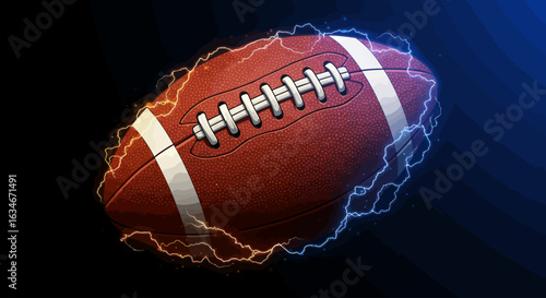A vibrant American football, highlighted by electric blue and orange energy, against a dark background.