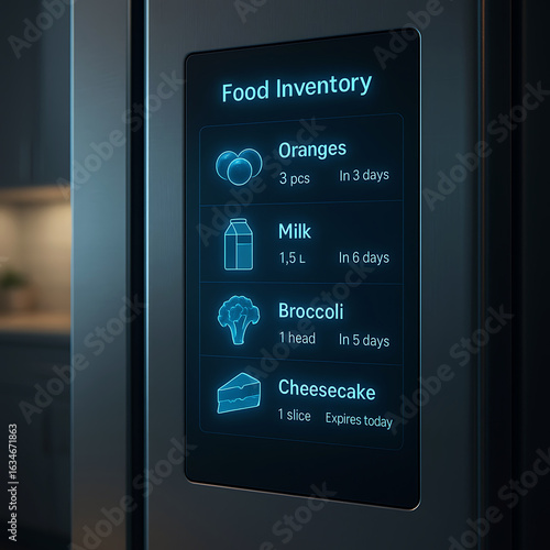 Smart refrigerator touchscreen displaying holographic food inventory and expiry tracking interface