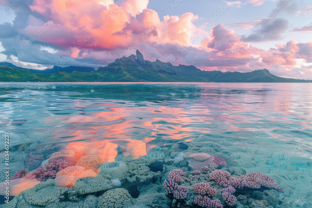 Naklejka premium A breathtaking sunset over a mountainous island, with vibrant clouds reflecting on the tranquil ocean waters.