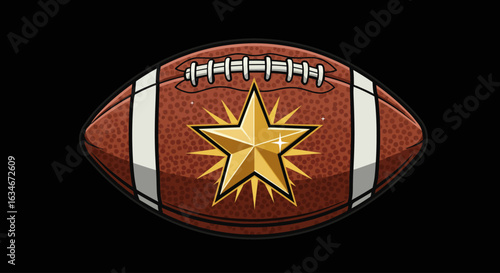 A cartoon football with white laces and a gold starburst design on a black background.