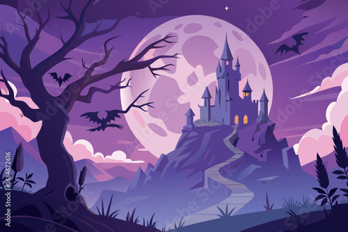 A spooky castle on a hill under the moonlight with bats flying around