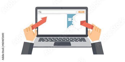 Hands manipulating upward arrows on laptop screen