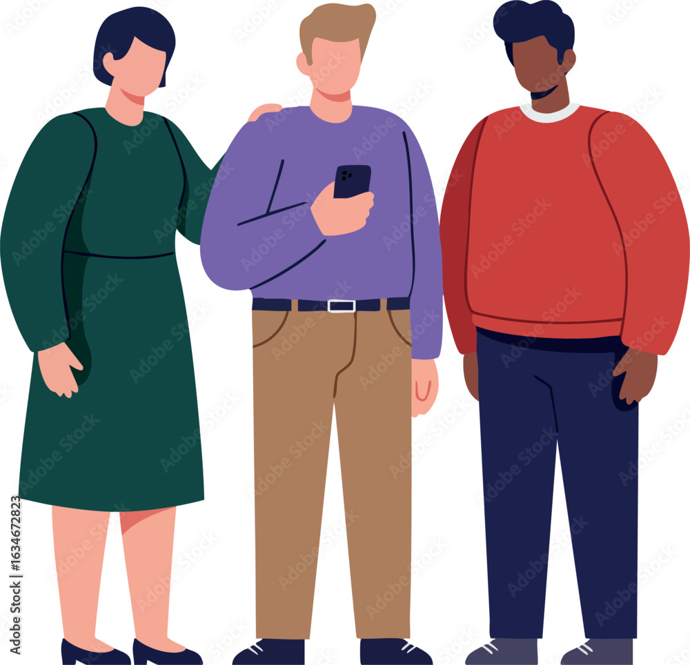 Obraz premium Group of diverse people standing together looking at smartphone casual communication vector illustration 