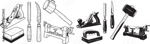 Vector art of collection of woodworking tools and equipment isolated on white background
