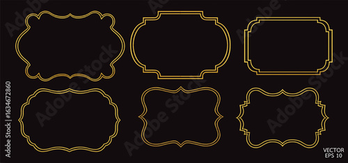 Simple golden geometric frames are isolated on black background. Luxury gold borders for invitations, luxury templates, and decorative patterns. Gold border design. 3D vector illustration.