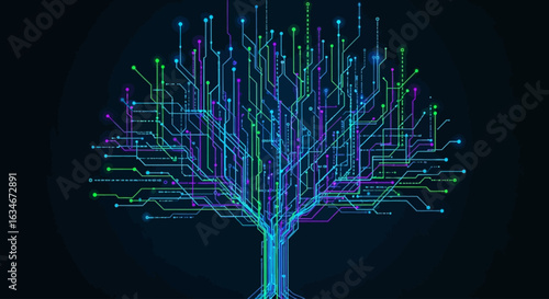 Digital tree illustration depicting interconnected circuits and glowing nodes, representing data.