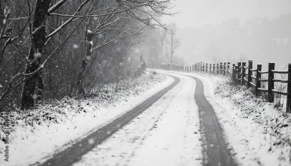 Obraz premium Snowy Road with Fence and Trees
