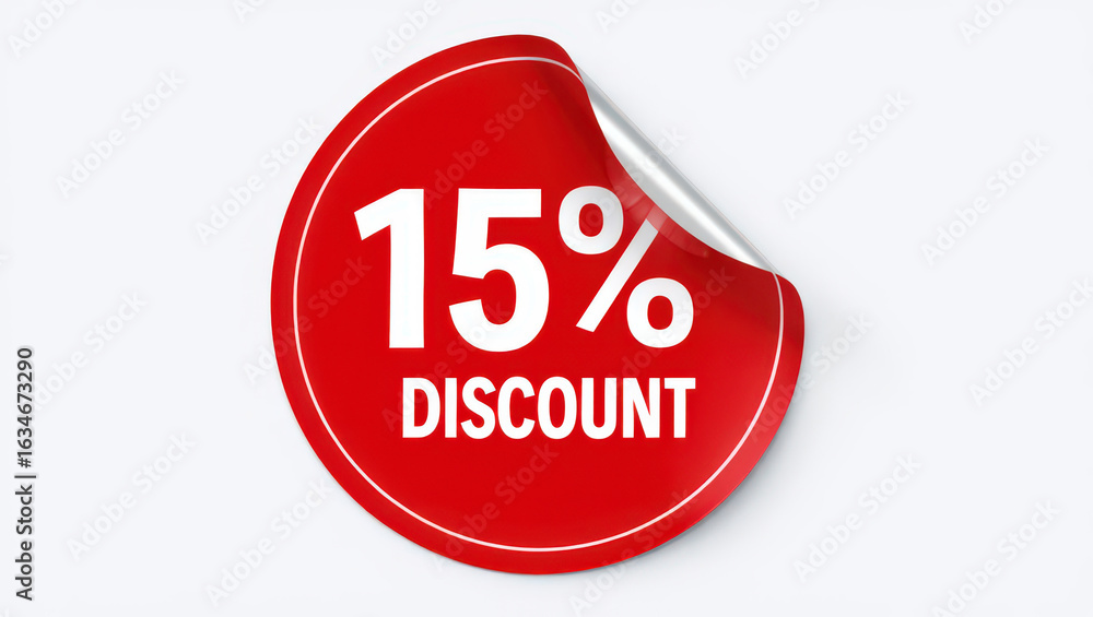 Obraz premium Fifteen Percent Off A Red Sticker with 15% Discount Text on a White Background Promoting Sales and Special Offers for Retail and E-commerce Businesses
