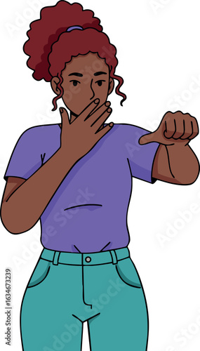 Young woman showing disapproval gesture with thumb down and hand near mouth vector illustration 