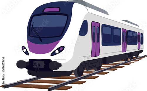 Modern white and purple train running on railway track vector illustration 
