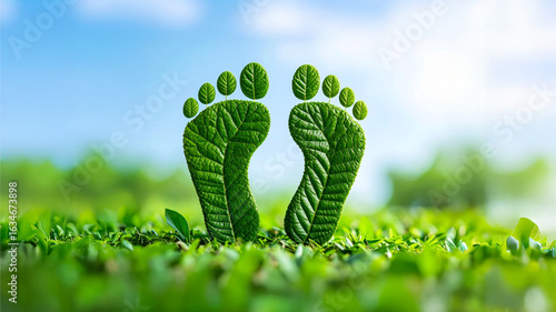 Photo Footprints made from green leaves, symbolizing CO2 reduction, carbon-free environment	

