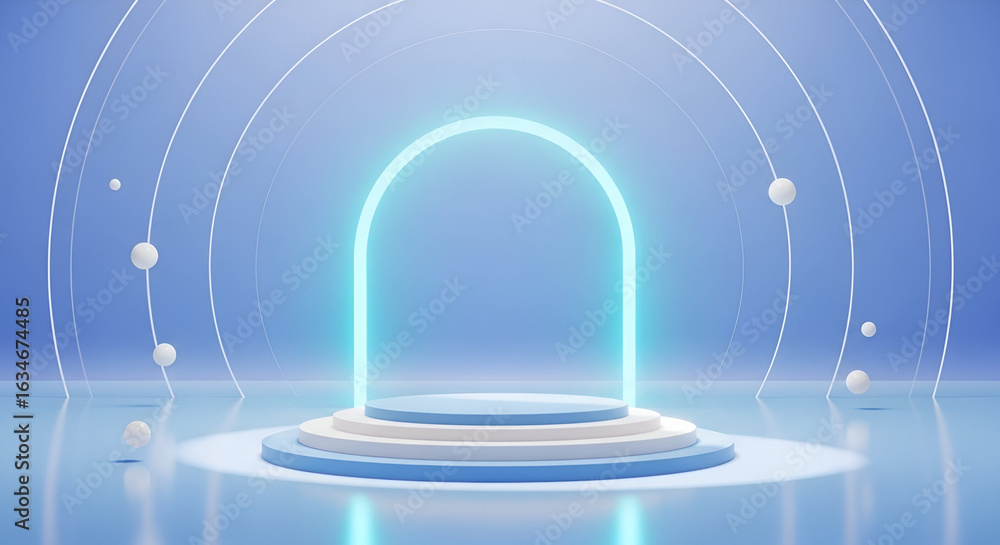 Fototapeta premium Futuristic Minimalist Podium with Glowing Arch and Floating Spheres in Blue Light 