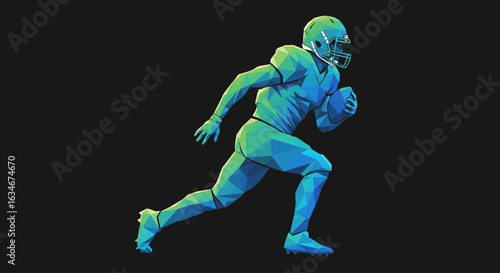 Low-poly illustration of a football player running with the ball, isolated on a dark background.