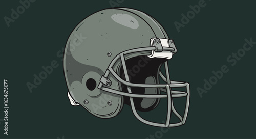 Illustration of a gray American football helmet with a face mask on a dark green background.