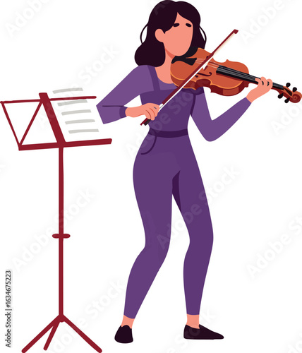 Woman playing violin with music stand in purple outfit vector illustration 