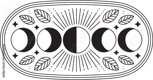 Celestial sun and moon phases oval design isolated silhouette line art illustration stock photos royalty free image premium quality