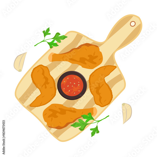 Fried chicken isolated line drawing color classic vintage art style illustration