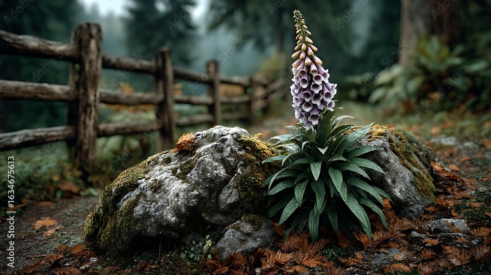 Obraz premium A foxglove cluster by a mossy garden fence.