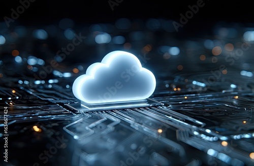 Glowing Cloud Icon on Futuristic Circuit Board