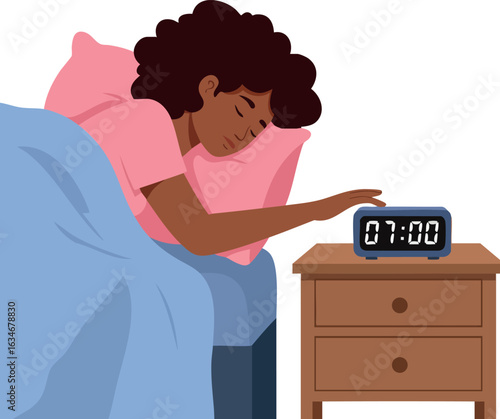 Woman waking up in bed turning off alarm clock in bedroom vector illustration 