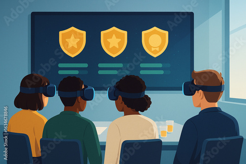 Four diverse students with VR headsets watch a gamified screen in a modern classroom, glowing in deep blue and emerald green lights
