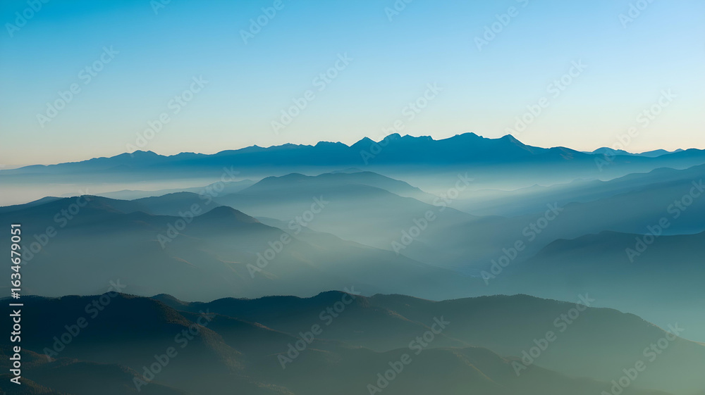 Fototapeta premium Aerial view of layered mountain ranges at dawn with soft blue sky and morning mist.