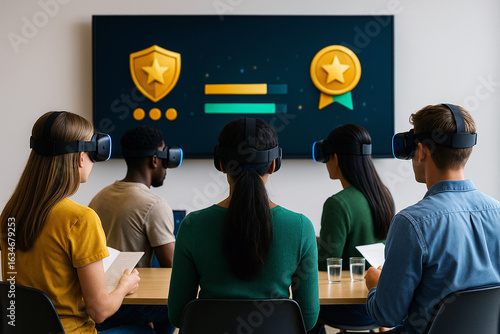 Four diverse students with VR headsets watch a gamified screen in a modern classroom, glowing in deep blue and emerald green lights