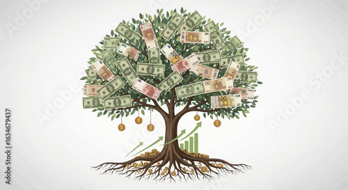A money tree laden with dollar bills and gold coins, symbolizing wealth growth and financial prosperity.