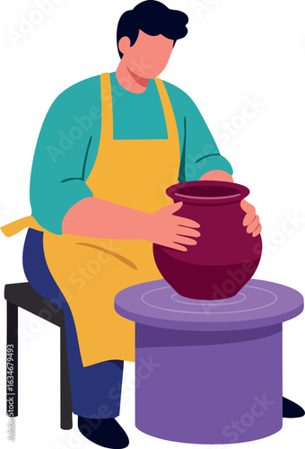 Male potter shaping clay pottery on wheel with yellow apron and teal shirt vector illustration 