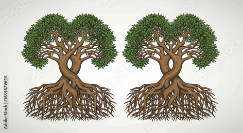 Two detailed illustrations of intertwined trees, showcasing roots and leafy crowns.