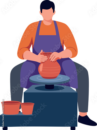 Potter shaping clay on wheel crafting handmade pottery art vector illustration 