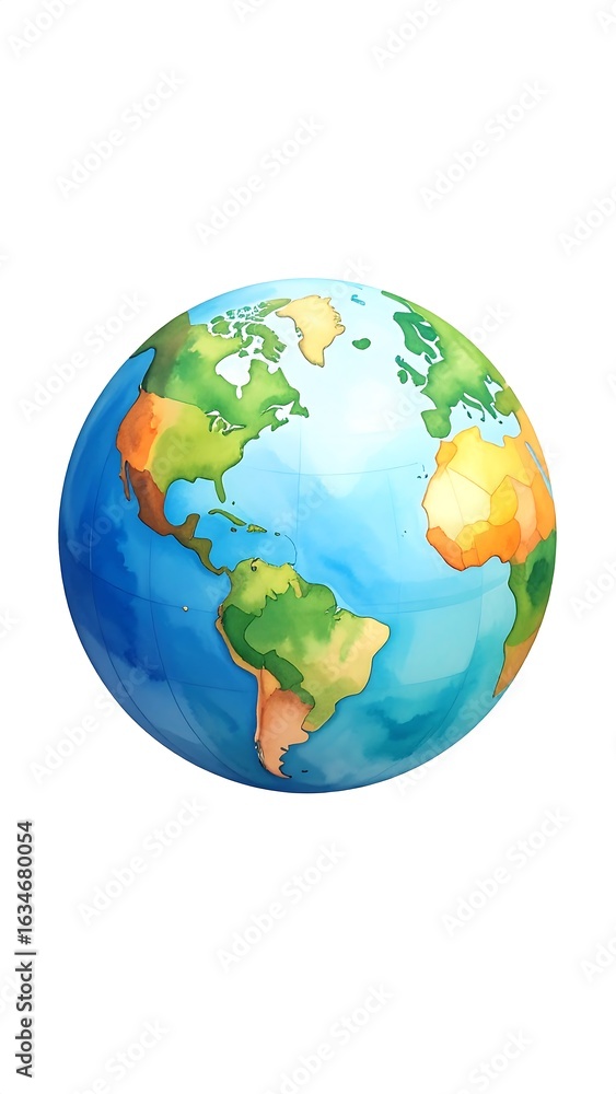 Fototapeta premium Watercolor illustration of Planet Earth with continents, isolated on a white background. Global map with soft blue oceans and green, orange landmasses, depicting a world globe.