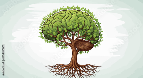 A stylized illustration of a tree whose form mirrors a human brain, symbolizing growth and mental development.