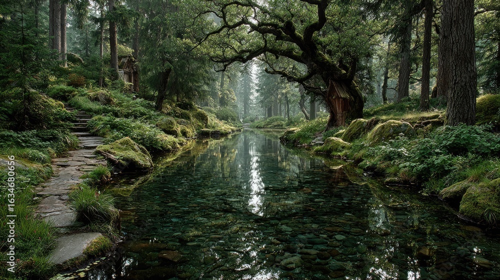 Obraz premium Tranquil forest stream with mossy banks