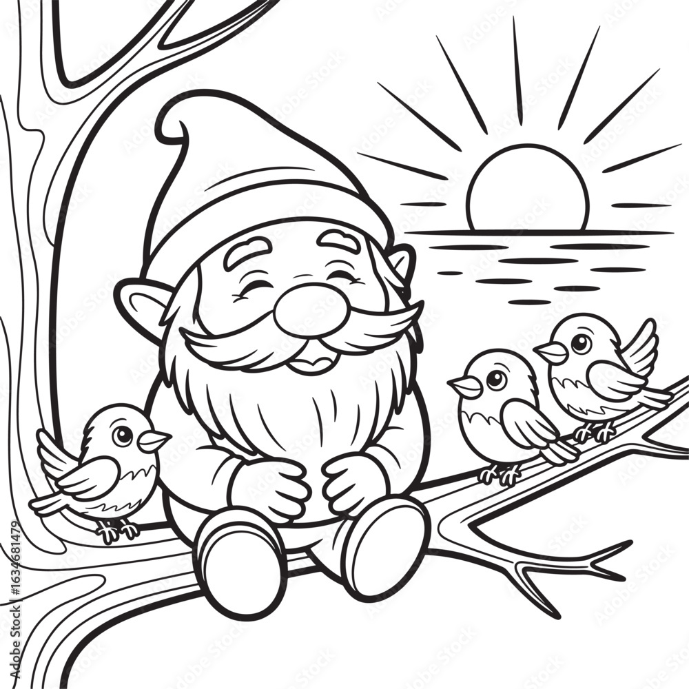 Obraz premium Joyful gnome sits with birds by the water at sunrise line art illustration stock photos royalty free image premium quality
