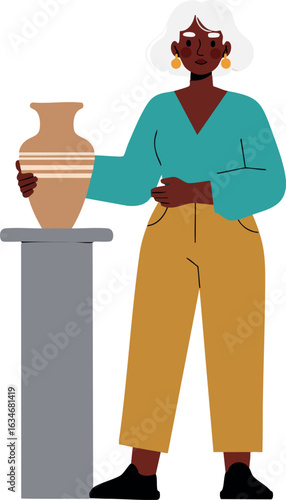 Woman exhibiting pottery art standing next to display pedestal with ceramic vase 